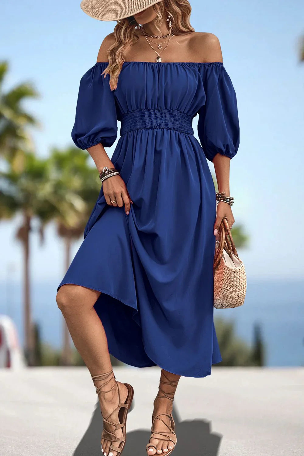 Square Neck Smocked Waist Puff Sleeve Midi Dress - Southern Shores Clothing