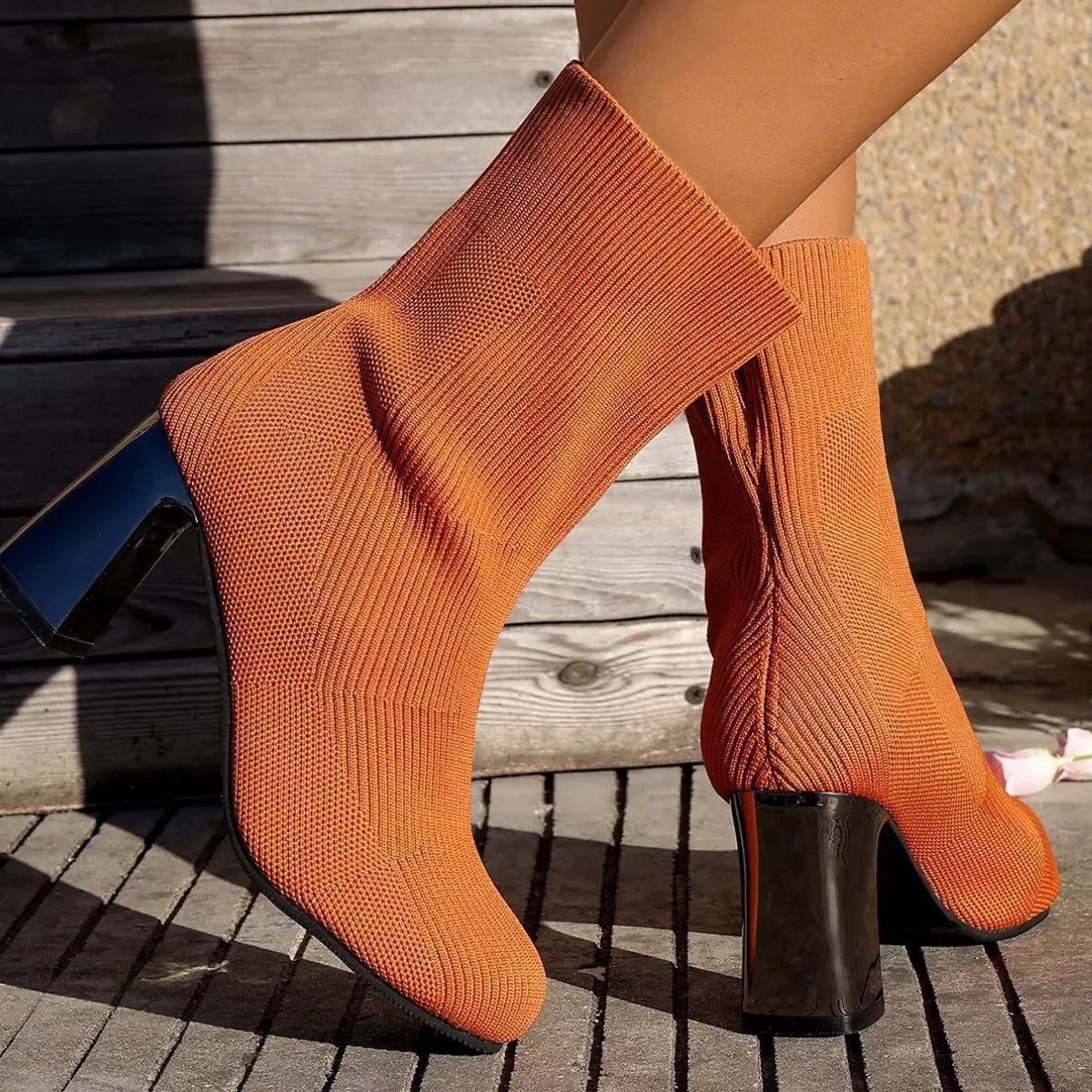 Round Toe Block Heels Boots Mesh Rubber Imported