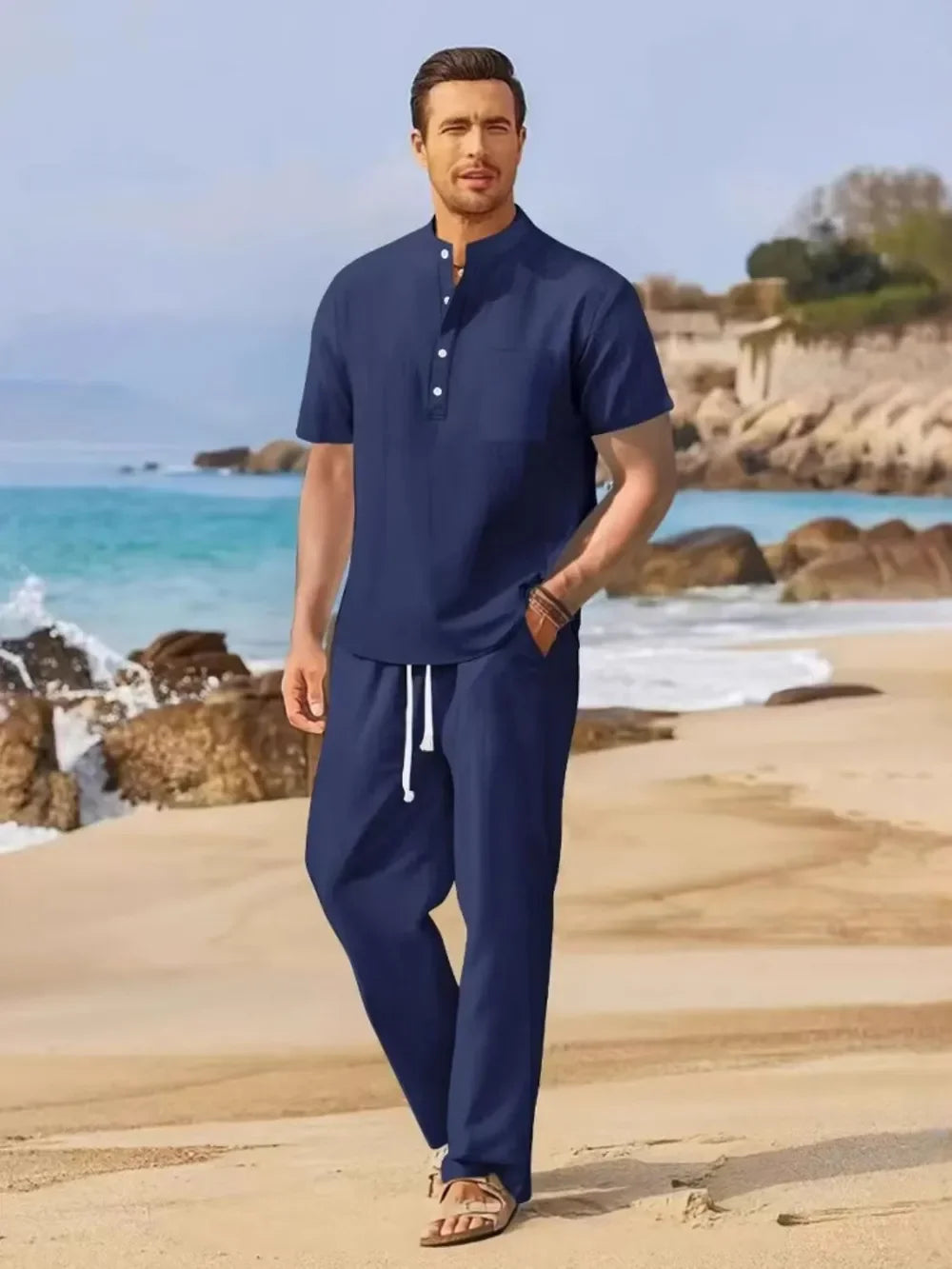 Men's Full Size Half Button Top and Drawstring Pants Set Plus Size - Southern Shores Clothing