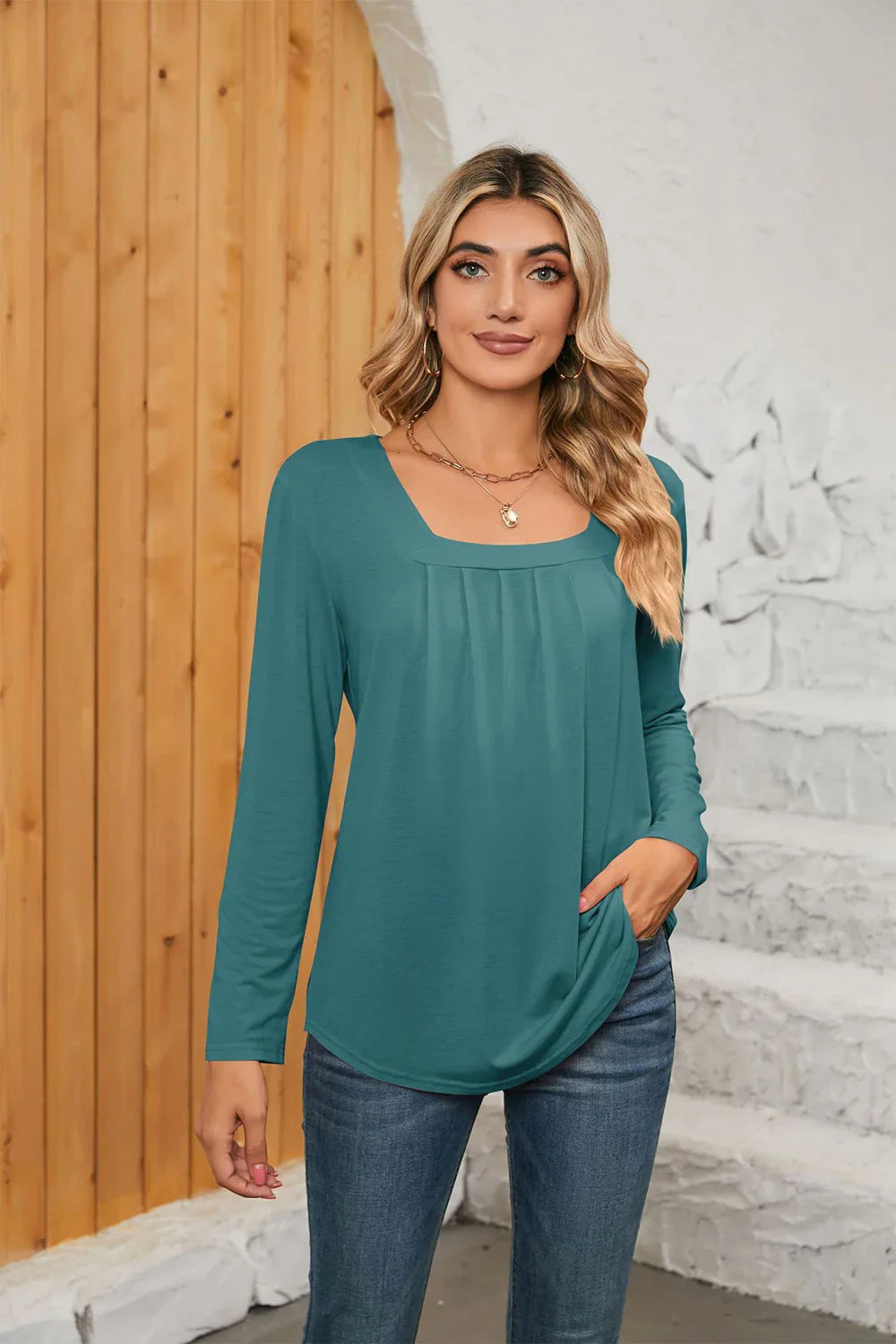 Square Neck Stretch Long Sleeve T Shirt Everyday - Southern Shores Clothing