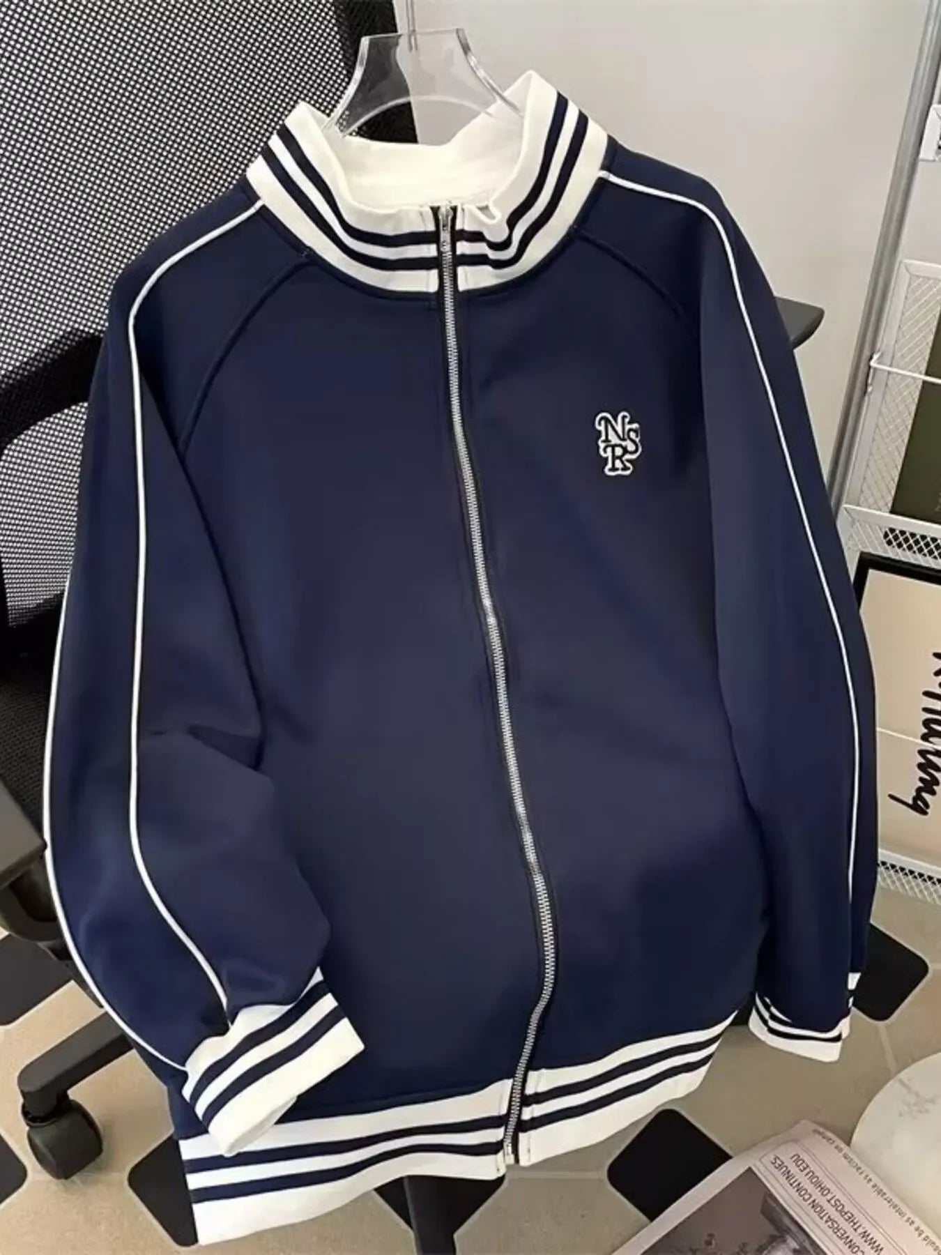 Plus Size Striped Zip-Up Sweatshirt With Polyester Blend