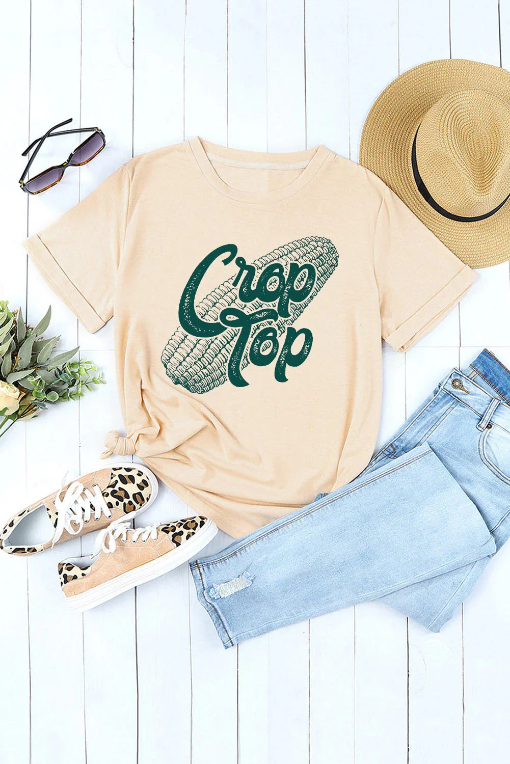 Corn Letter Graphic Cuffed Short Sleeve T Shirt - Southern Shores Clothing