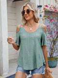Florira Round Neck Cold Shoulder Eyelet T-Shirt - Southern Shores Clothing