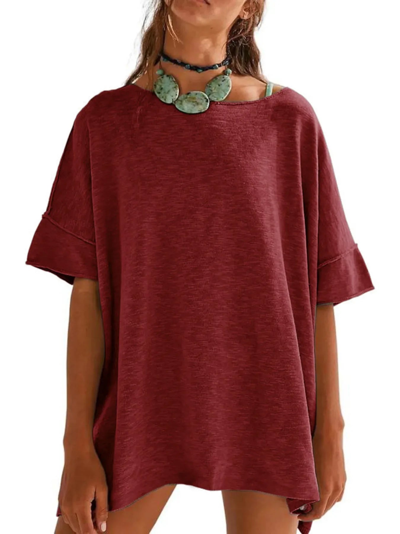 Oversized Round Neck Drop Shoulder Stretchy T Shirt - Southern Shores Clothing
