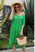 V-Neck Short Sleeve Fringe Hem Knit Dress - Southern Shores Clothing