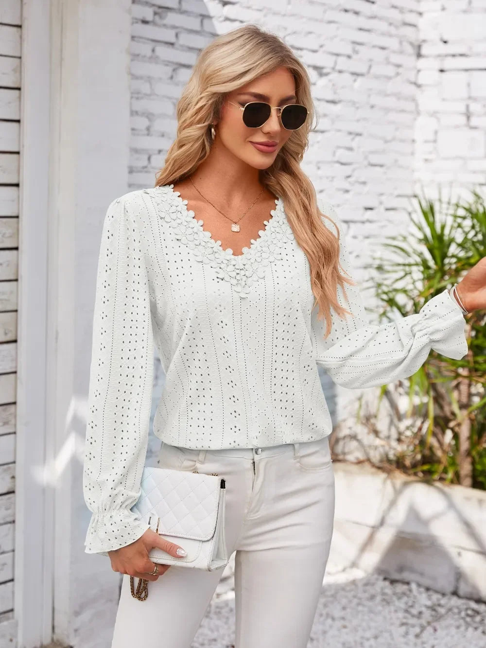Applique V-Neck Flounce Sleeve Polyester T-Shirt - Southern Shores Clothing