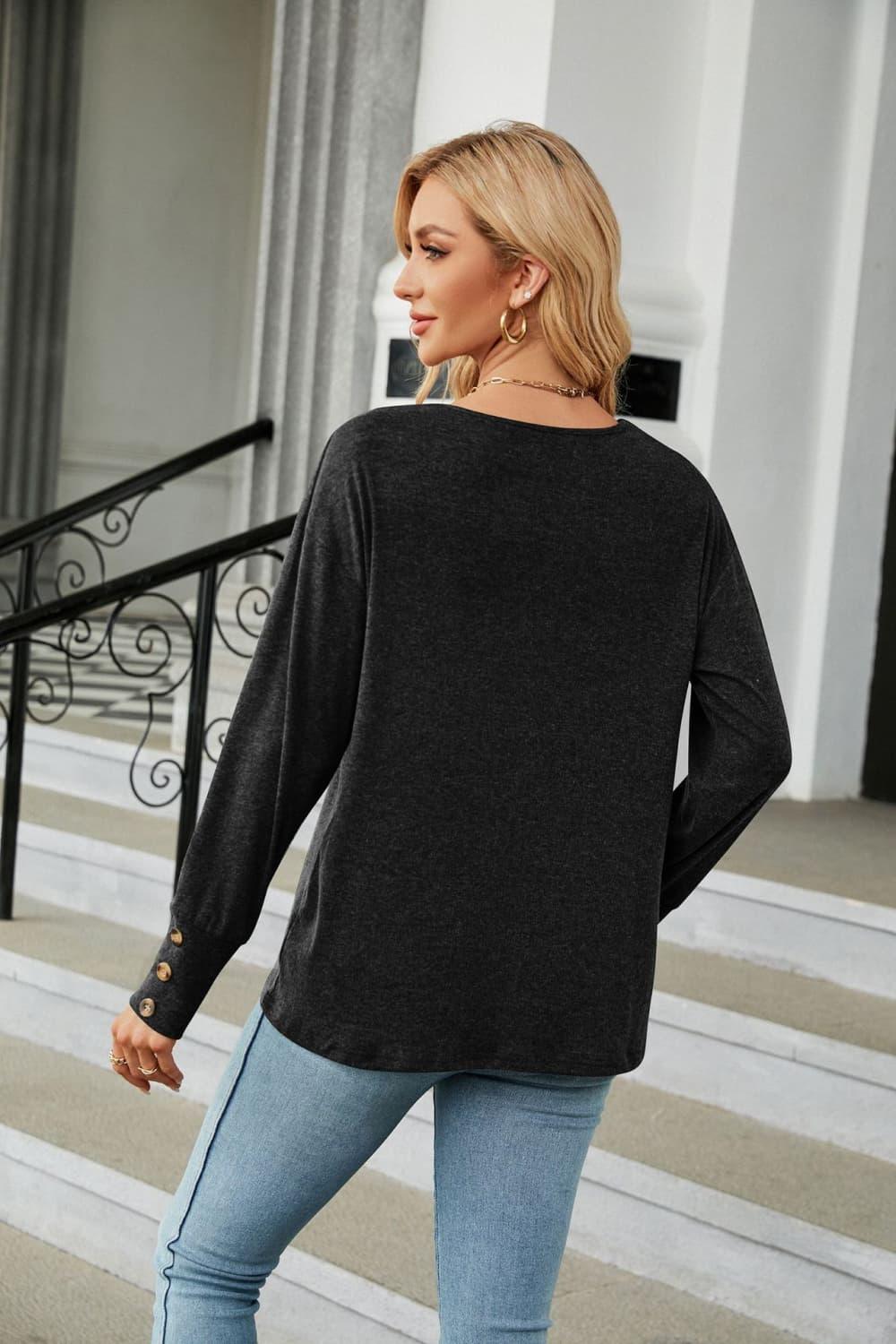 V-Neck Long Sleeve Tee With Button Detail - Southern Shores Clothing