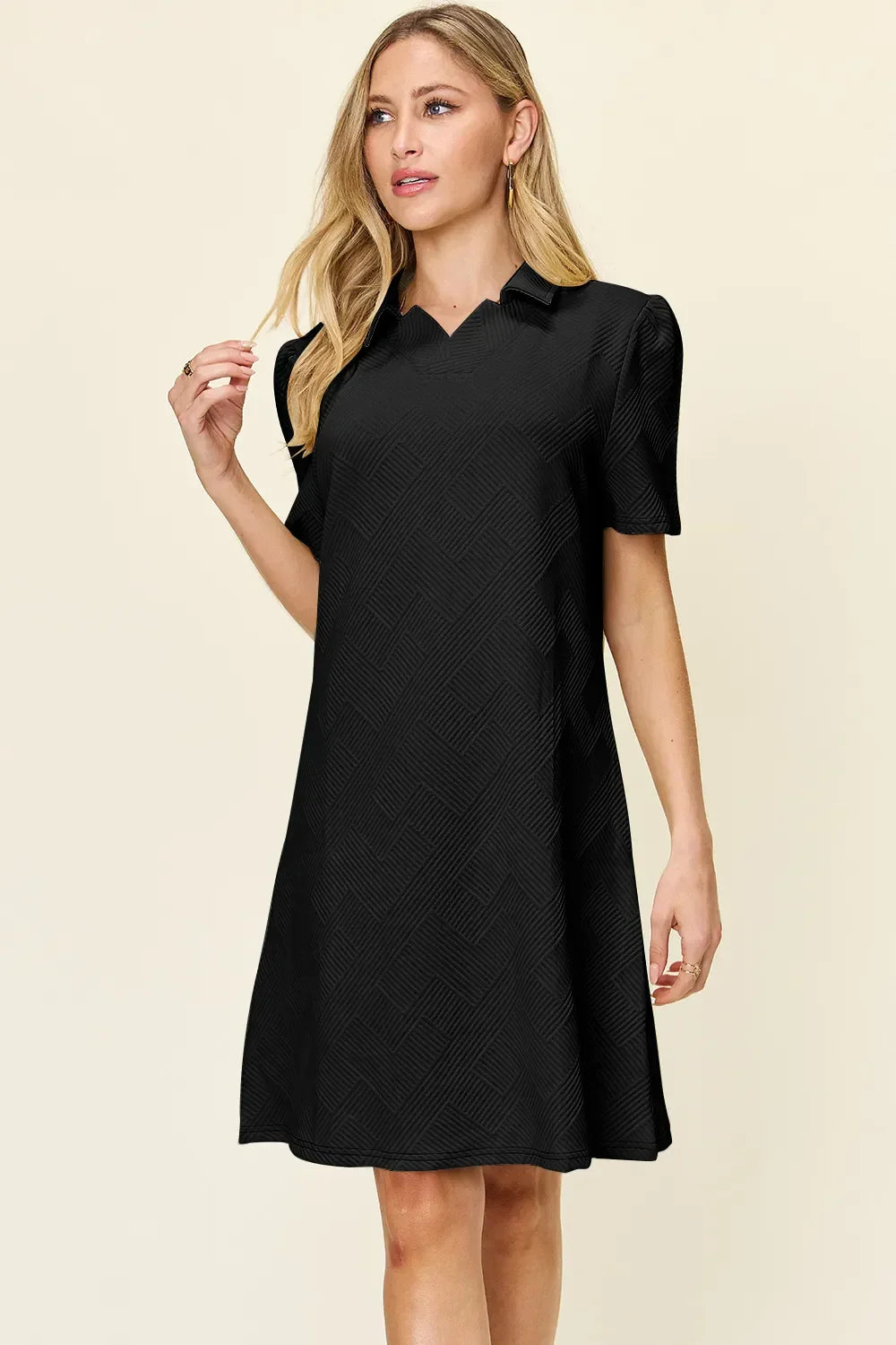 Textured Collared Neck Short Sleeve Dress - Southern Shores Clothing