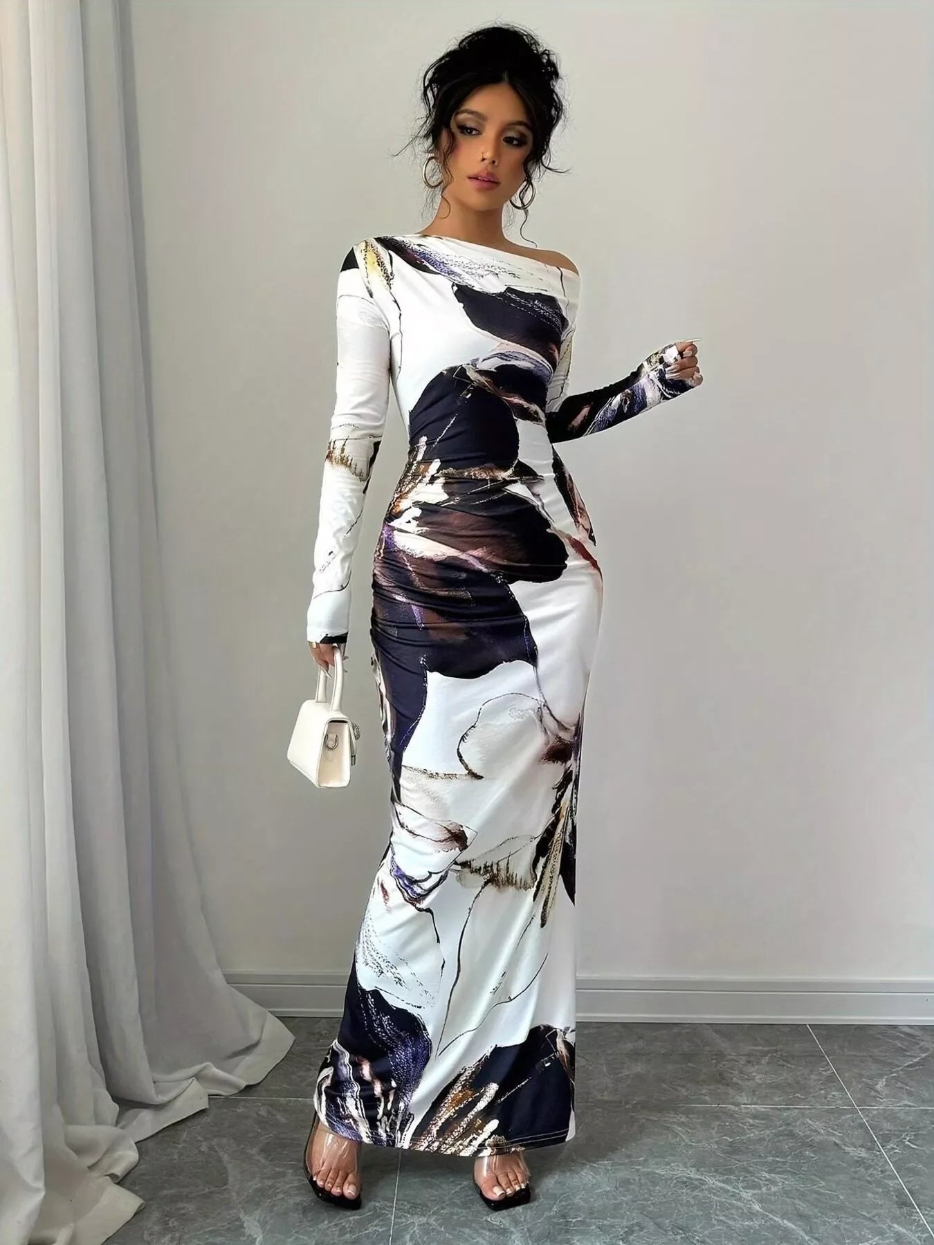 Floral One Shoulder Long Sleeve Maxi Dress - Southern Shores Clothing