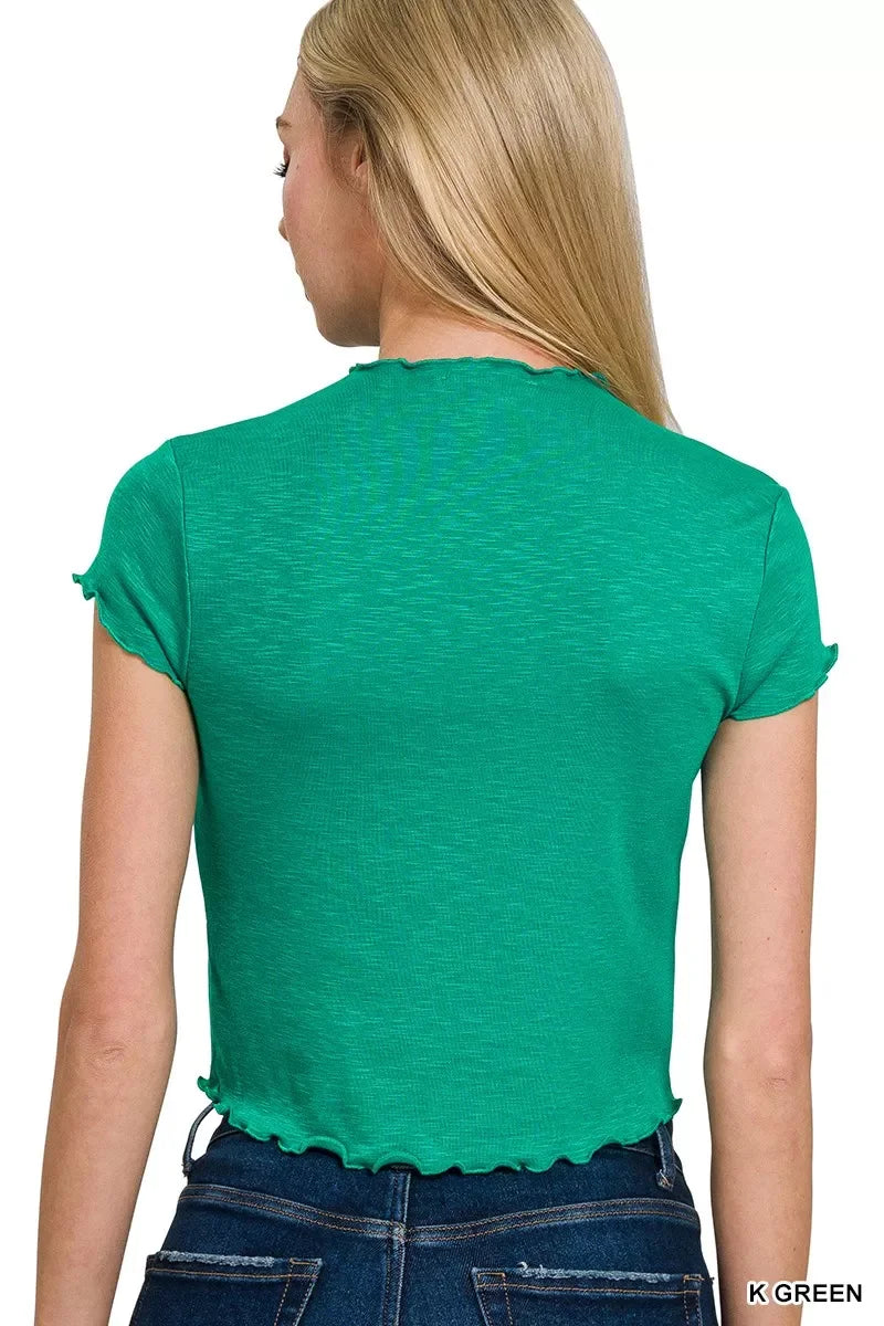 Cotton Modal Slub Lettuce Trimmed Cropped T Shirt - Southern Shores Clothing
