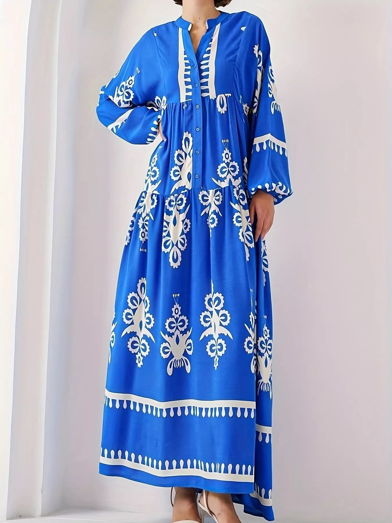 Buttoned Long Sleeve Bohemian Print Maxi Dress