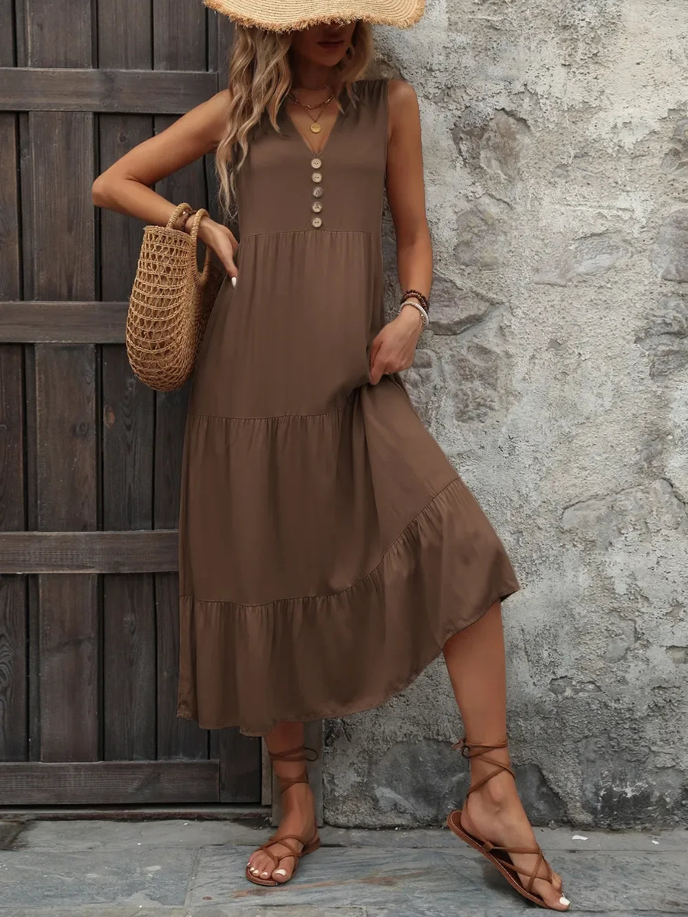 Notched Sleeveless Maxi Dress With Buttons - Southern Shores Clothing
