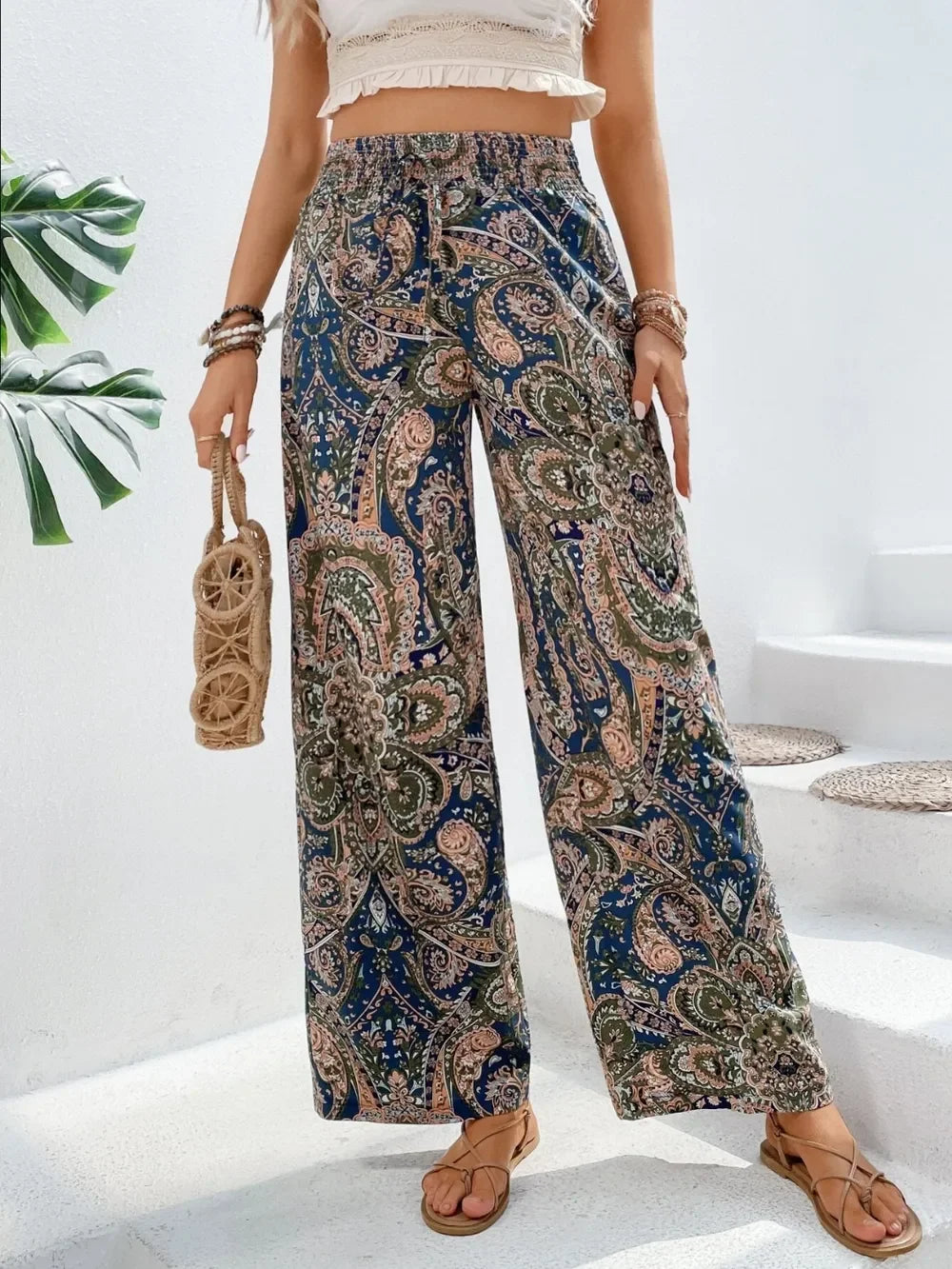 Printed Wide Leg Pants With Paisley Print Drawstring Waist - Southern Shores Clothing