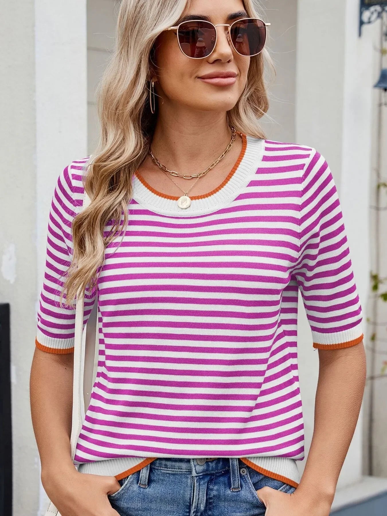 Striped Casual T-Shirt With Contrast Trim Basic Fit - Southern Shores Clothing