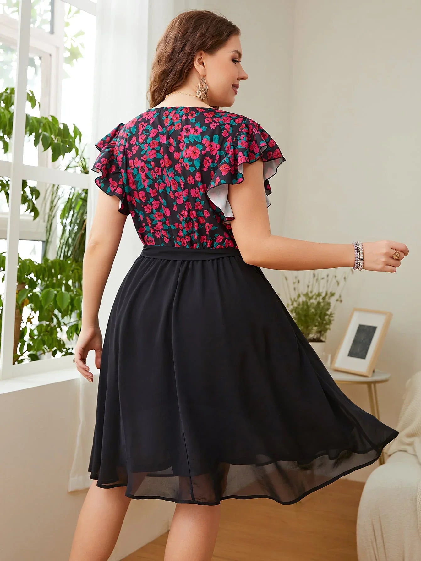 Honey Plus Size Floral Surplice Neck Flutter Sleeve Dress - Southern Shores Clothing