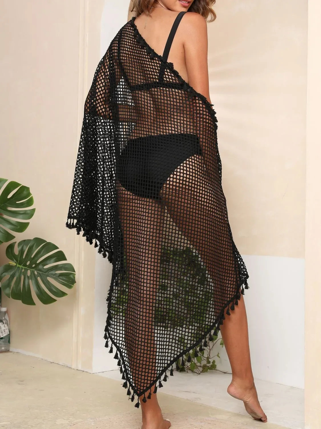 Tassel Openwork Open Front Swimwear Cover Up One Size