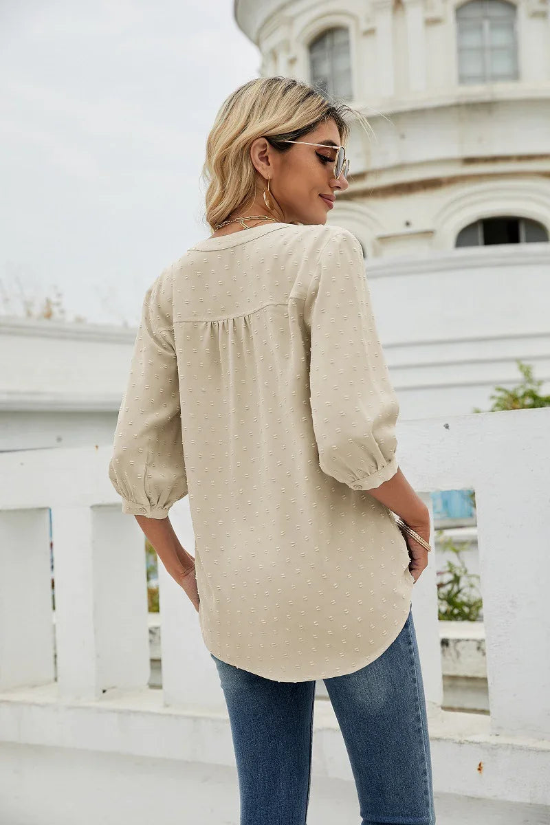 Swiss Dot Notched Neck Three-Quarter Sleeve Blouse - Southern Shores Clothing