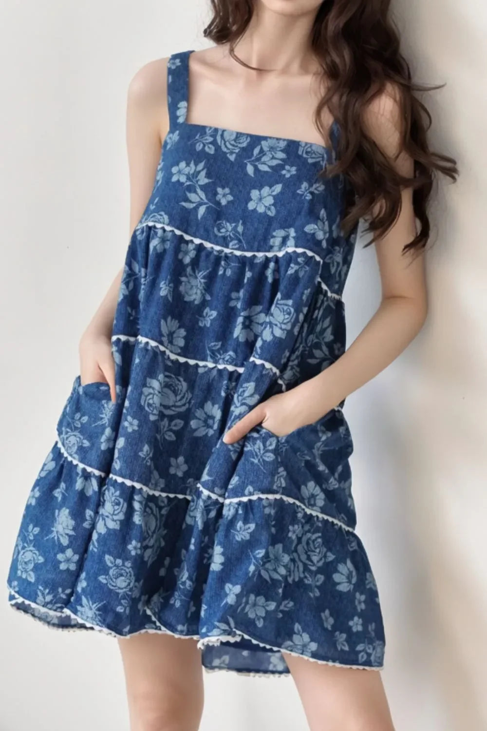 Floral Tiered Denim Dress With Square Neckline Sleeveless - Southern Shores Clothing