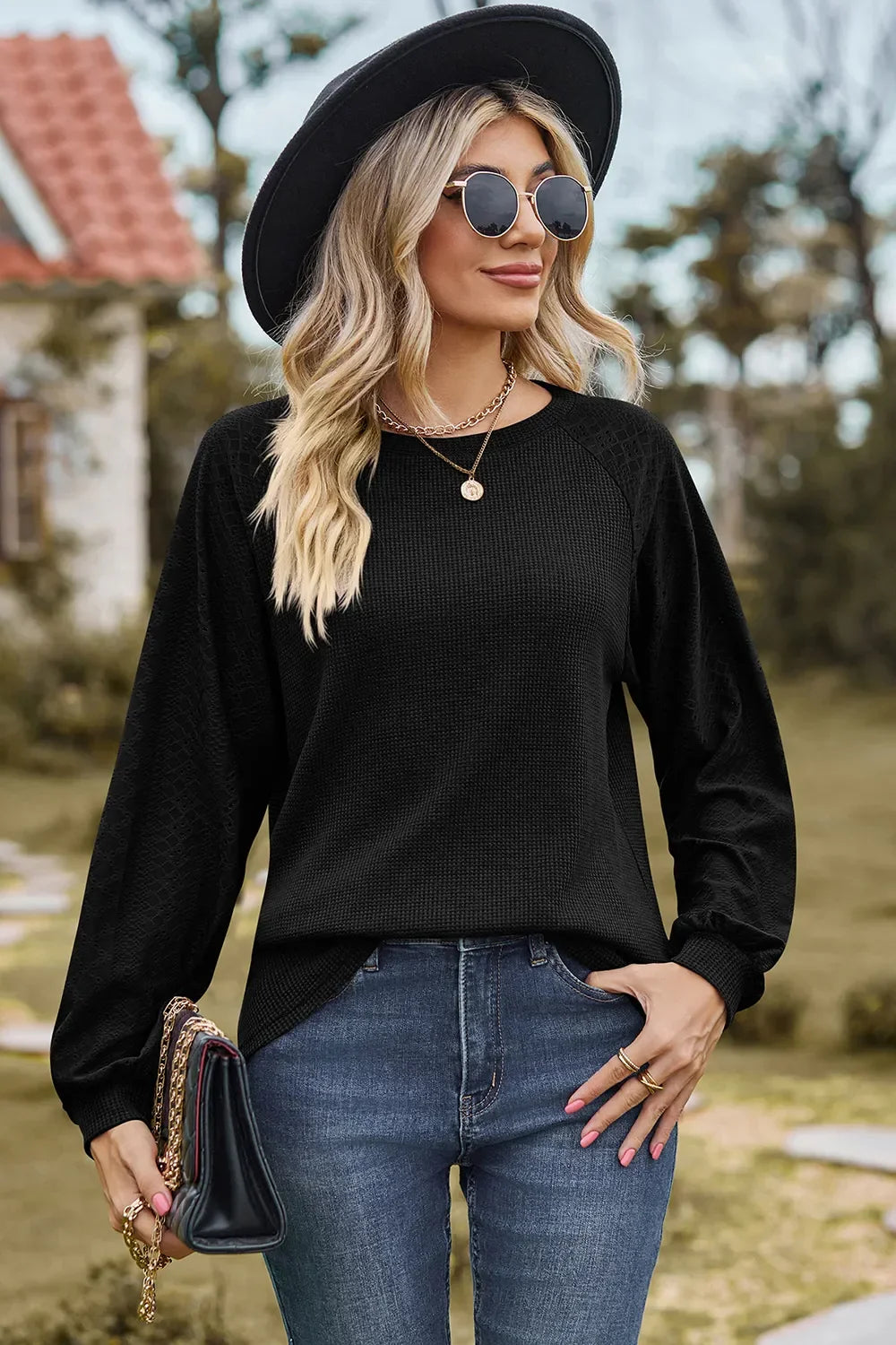 Eyelet Round Neck Long Sleeve T-Shirt - Southern Shores Clothing