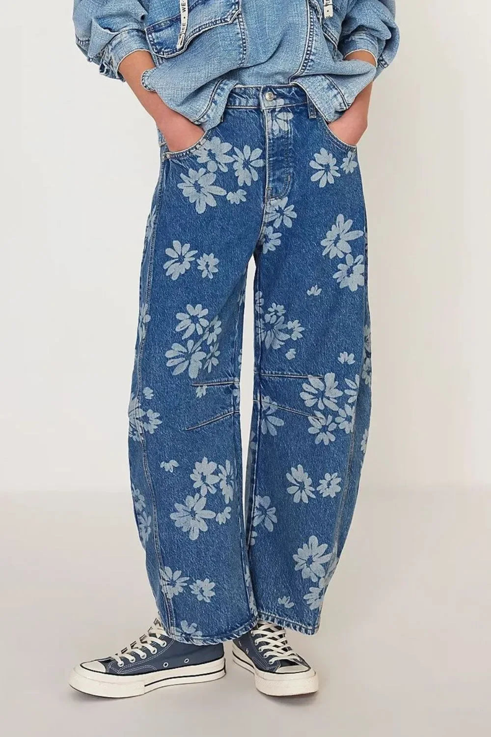 Denim Wide Leg Jeans With Ocean Flower Print - Southern Shores Clothing