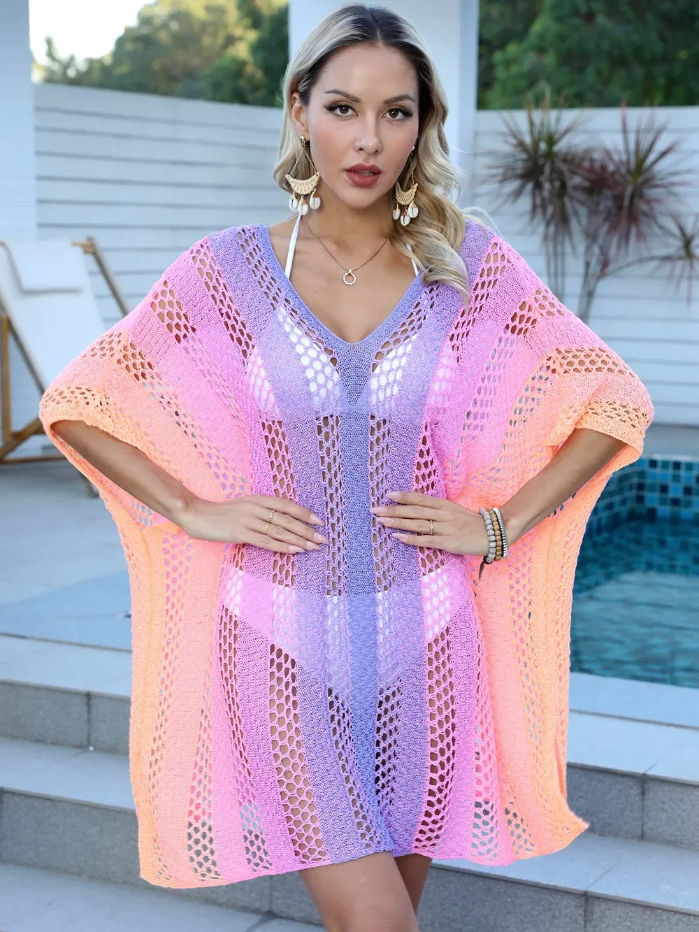 Openwork Sheer V Neck Beach Cover Up One Size - Southern Shores Clothing