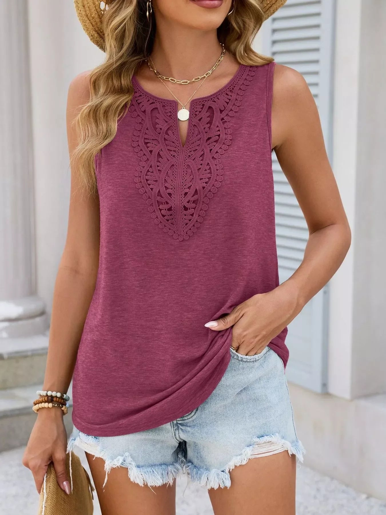 Lace Trim Sleeveless Tank Top With Intricate Lace Front - Southern Shores Clothing