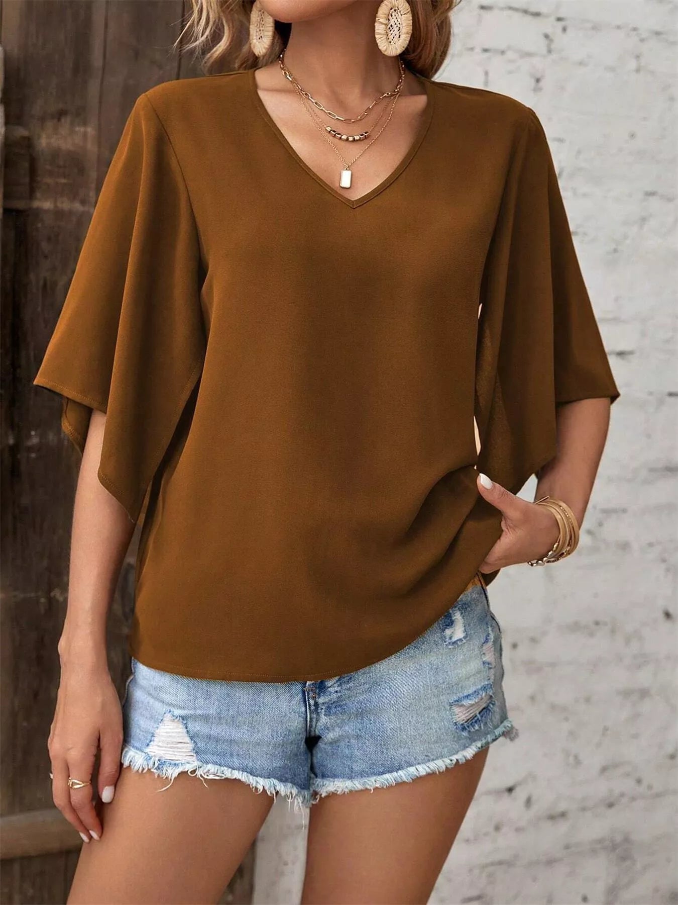 V-Neck Flutter Sleeve Blouse
