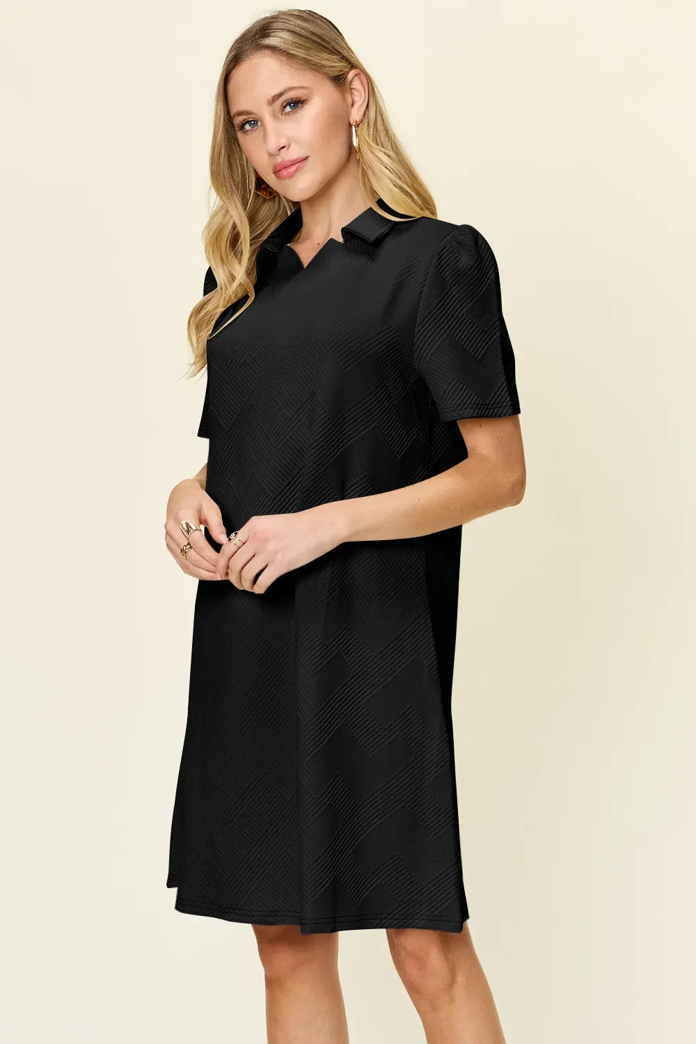 Textured Collared Neck Short Sleeve Dress - Southern Shores Clothing