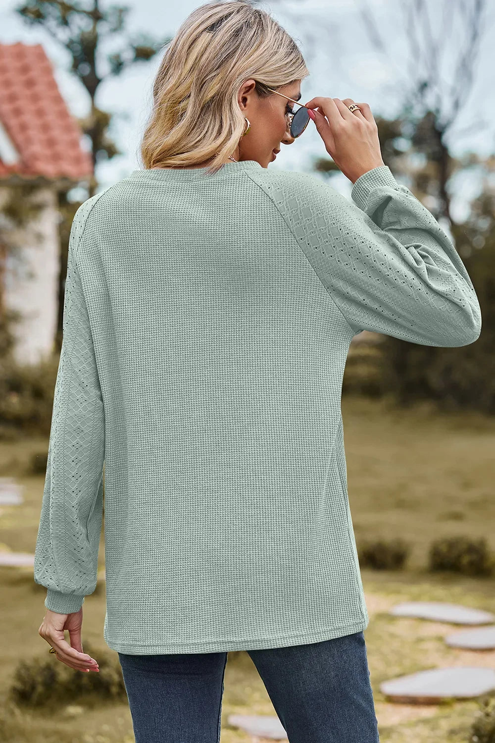Eyelet Round Neck Long Sleeve T-Shirt - Southern Shores Clothing