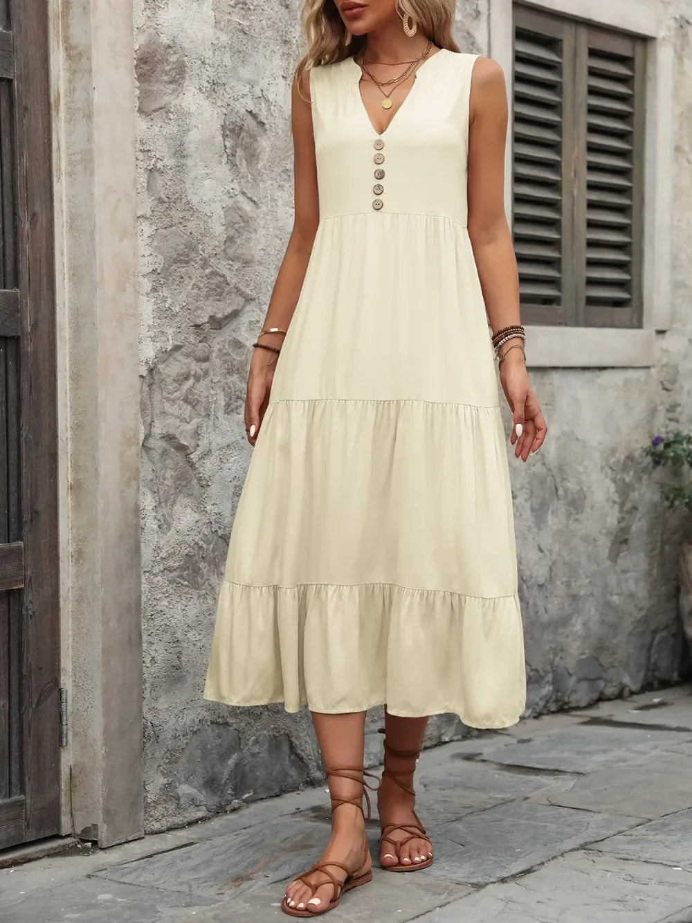 Notched Sleeveless Maxi Dress With Buttons - Southern Shores Clothing