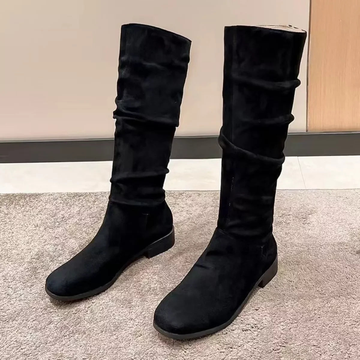 Round Toe Block Heel Boots Suede Rubber Sole