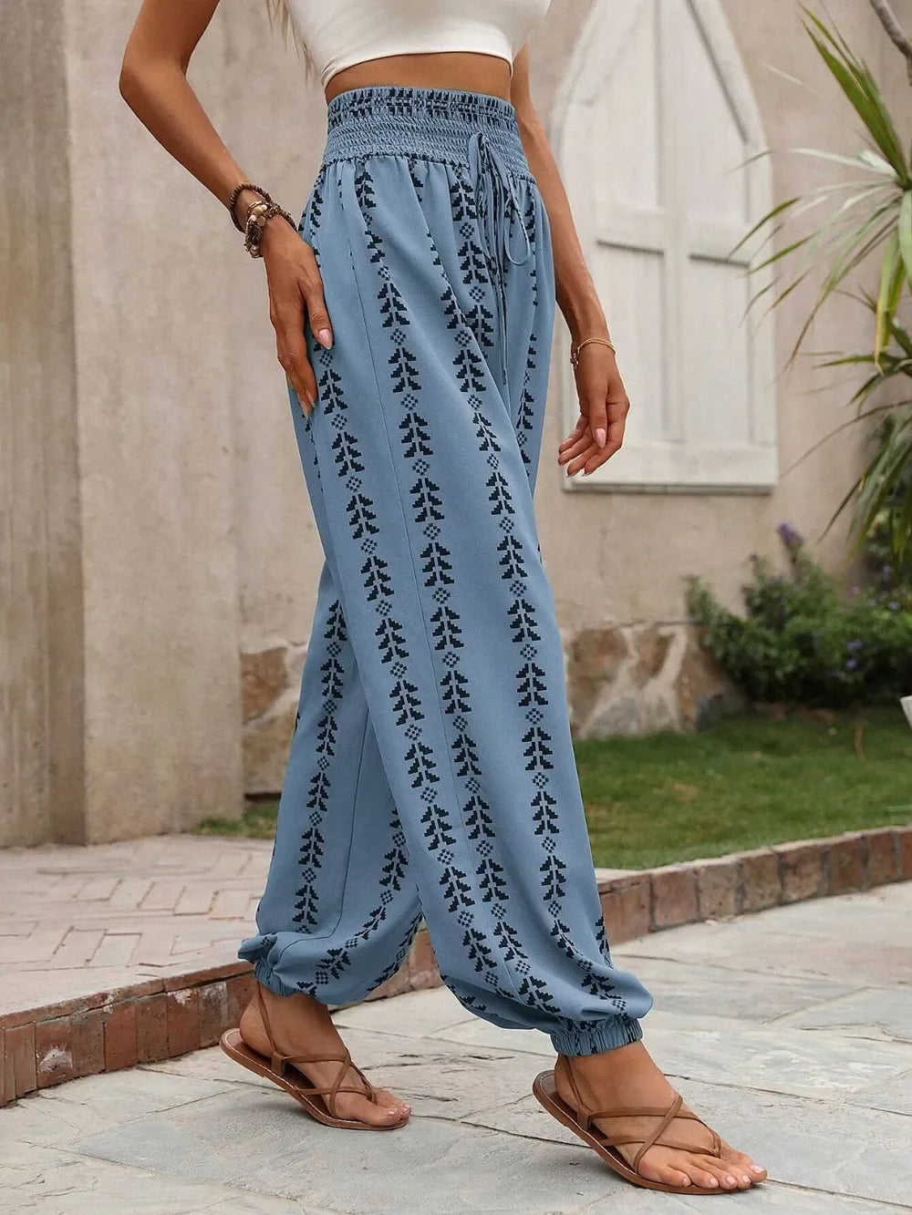 Tied Printed High Waist Wide Leg Pants With Drawstring Tie - Southern Shores Clothing