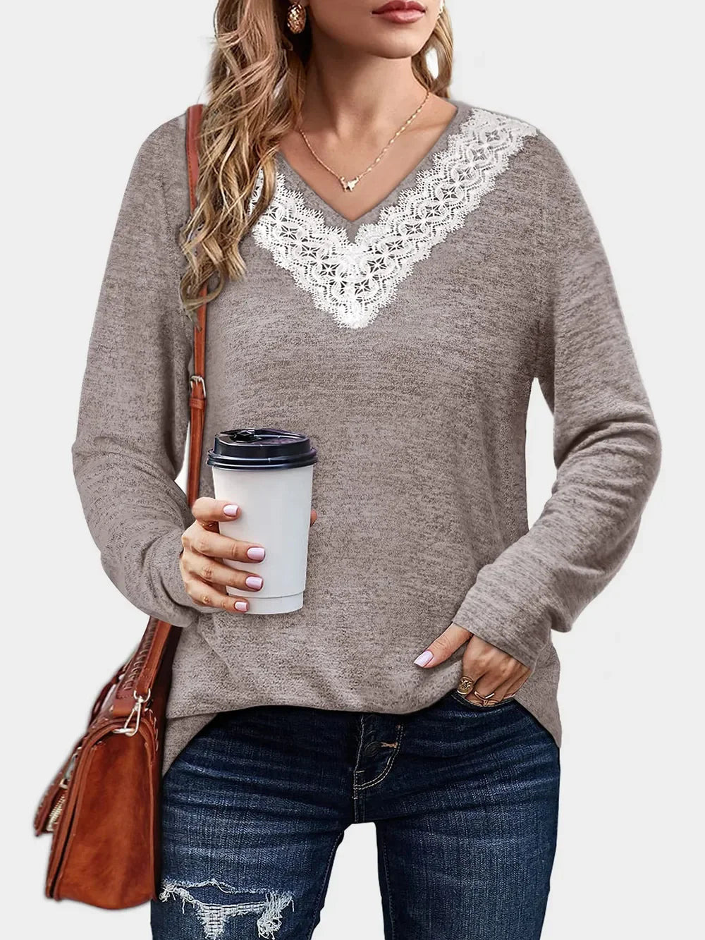 Lace Detail V-Neck Long Sleeve T-Shirt With Soft Stretch - Southern Shores Clothing