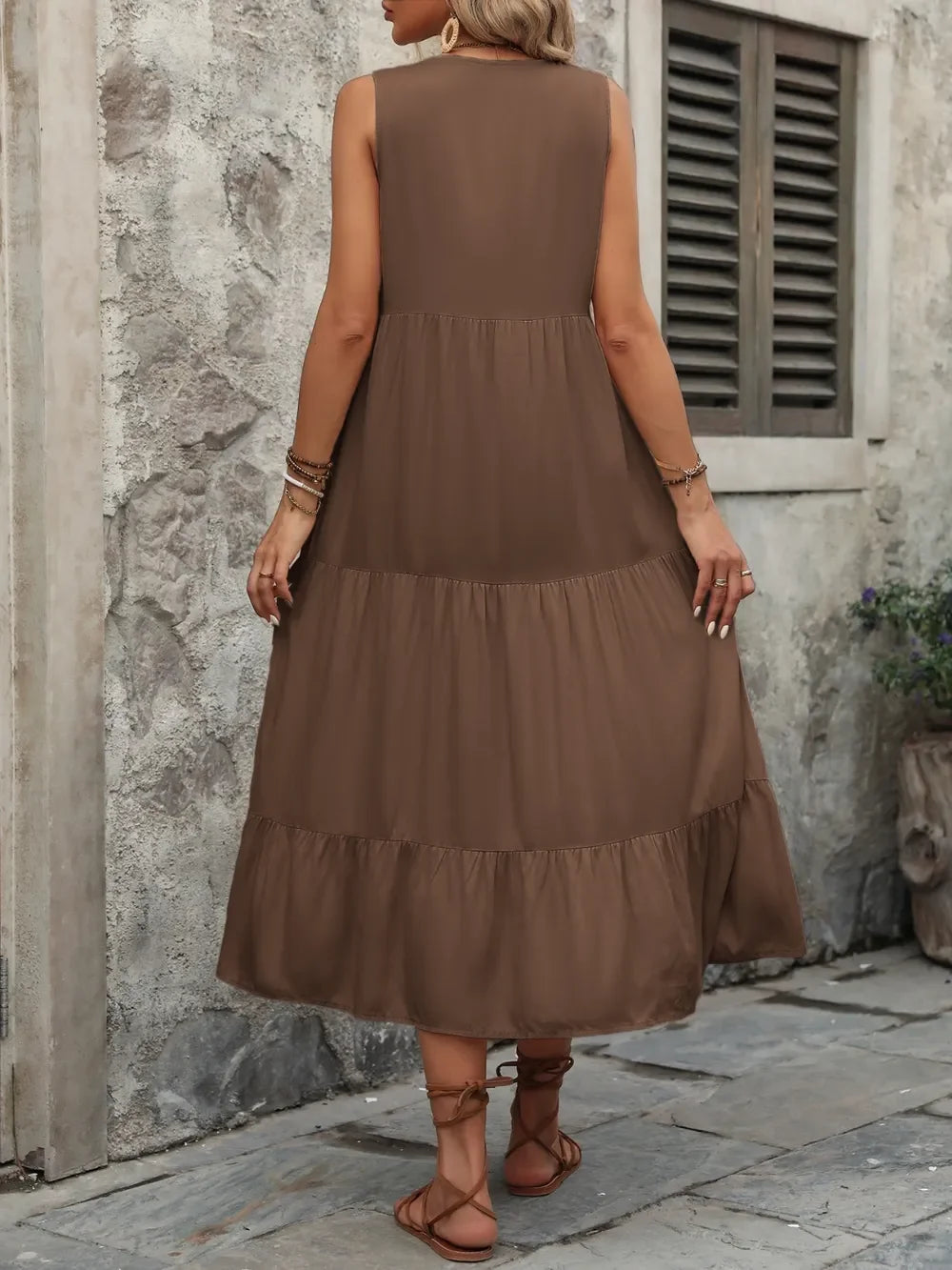 Notched Sleeveless Maxi Dress With Buttons - Southern Shores Clothing