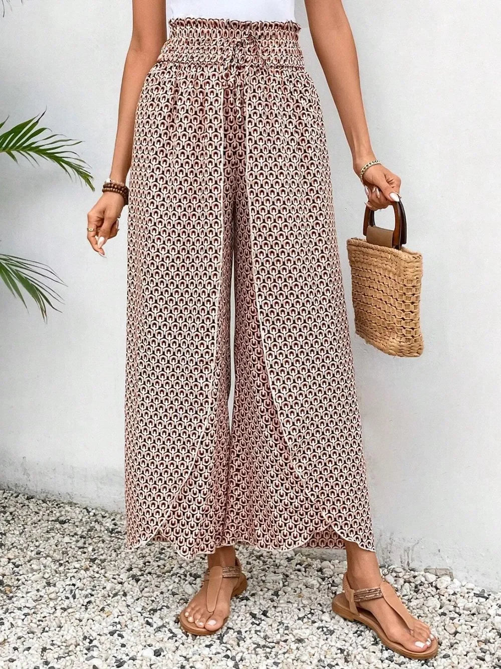 Floral Print Tie-Waist Wide Leg Pants With Front Slit Detail - Southern Shores Clothing