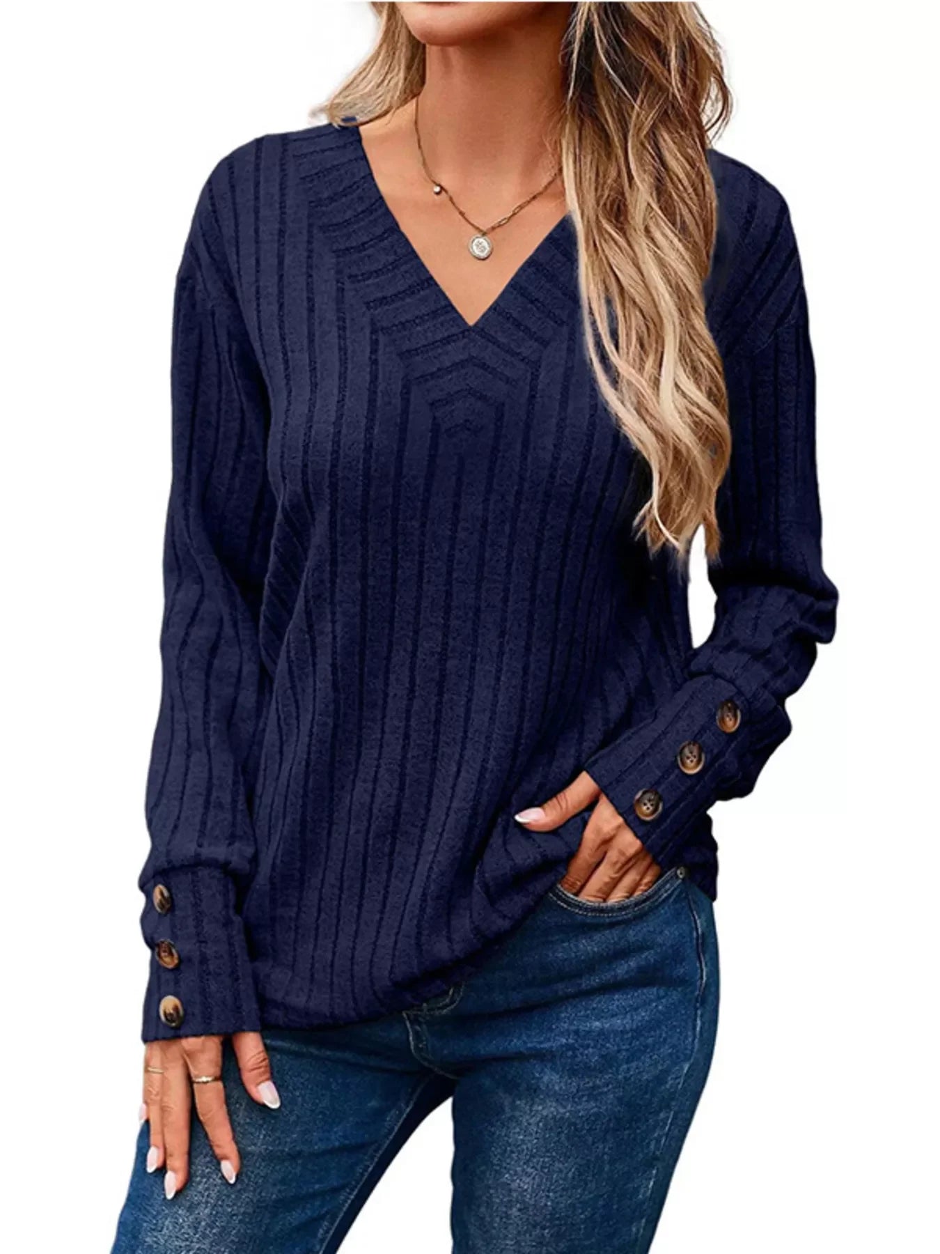 Ribbed V-Neck Long Sleeve Buttoned Stretchy Top - Southern Shores Clothing