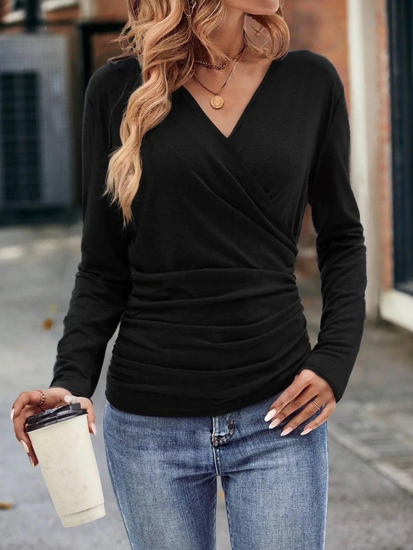Ruched Surplice Long Sleeve T Shirt With Stretch Fabric - Southern Shores Clothing