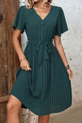 Buttoned V-Neck Flutter Sleeve Pleated Dress - Southern Shores Clothing