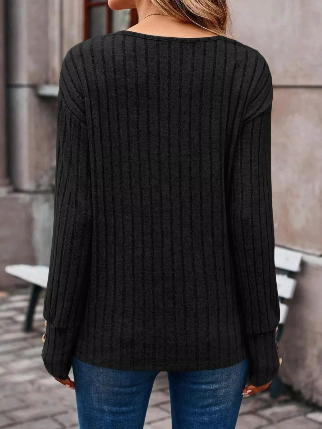 Ribbed V-Neck Long Sleeve Buttoned Stretchy Top - Southern Shores Clothing