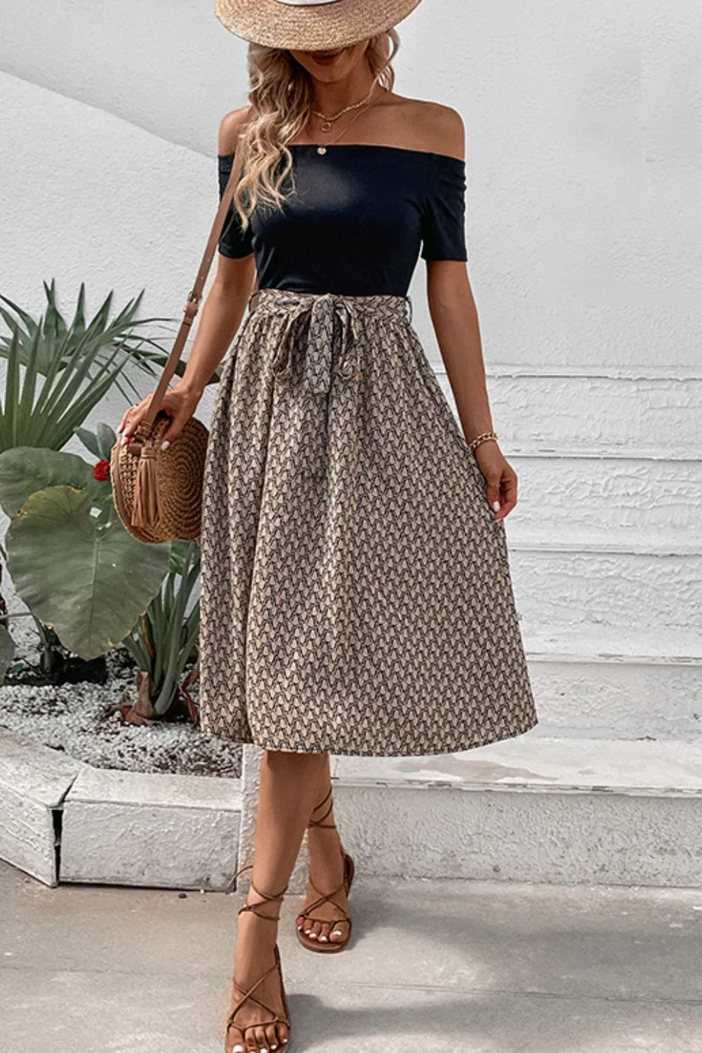 Perfee Printed Tie Belt Off-Shoulder Dress - Southern Shores Clothing