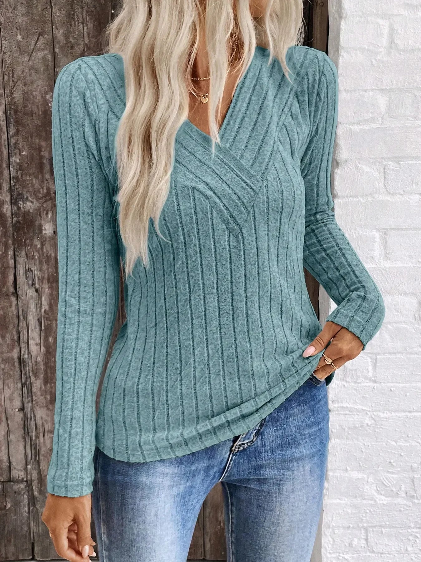 Ribbed V-Neck Long Sleeve Knit T-Shirt - Southern Shores Clothing