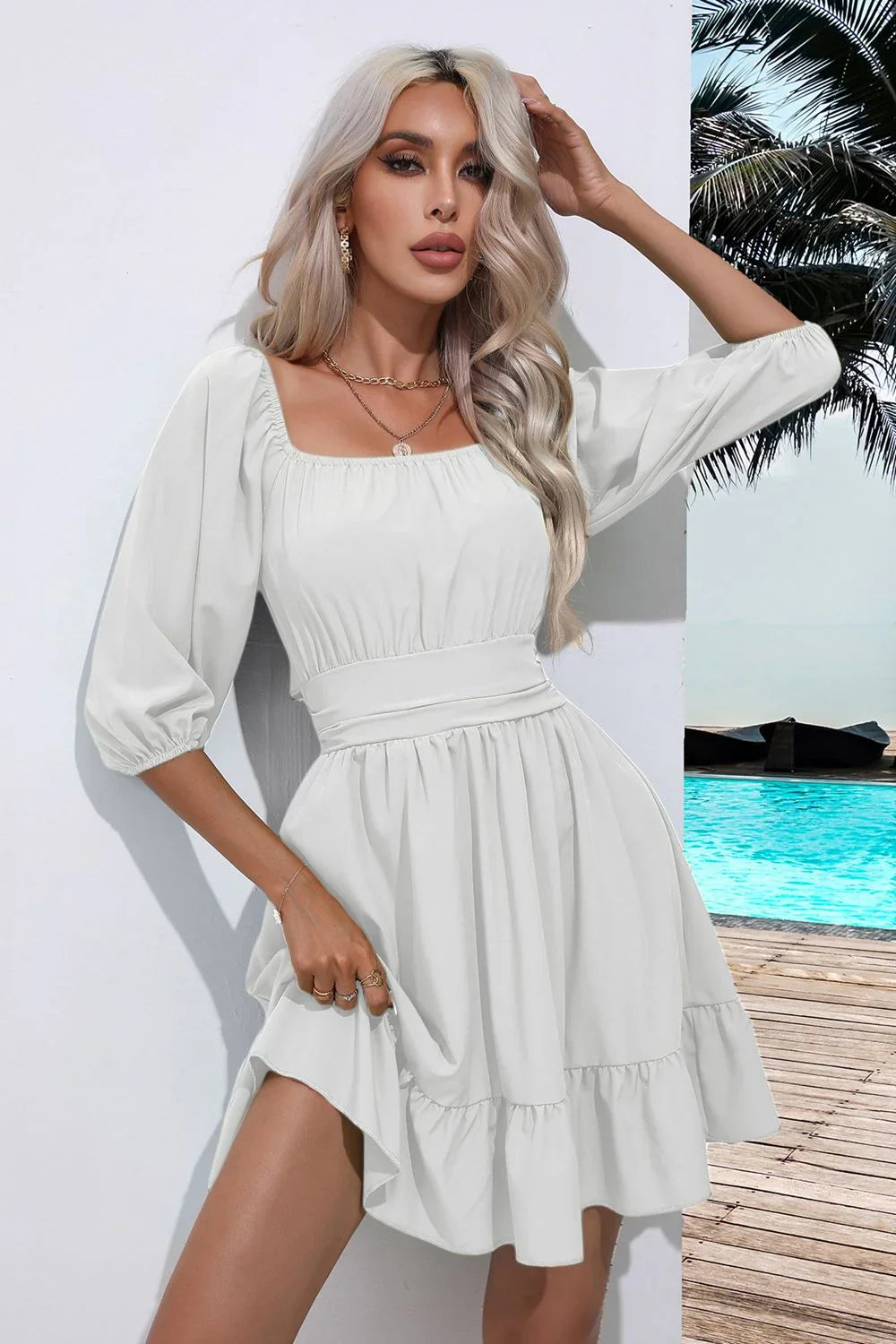 Square Neck Tie Back Ruffle Hem Dress Coastal Casual - Southern Shores Clothing