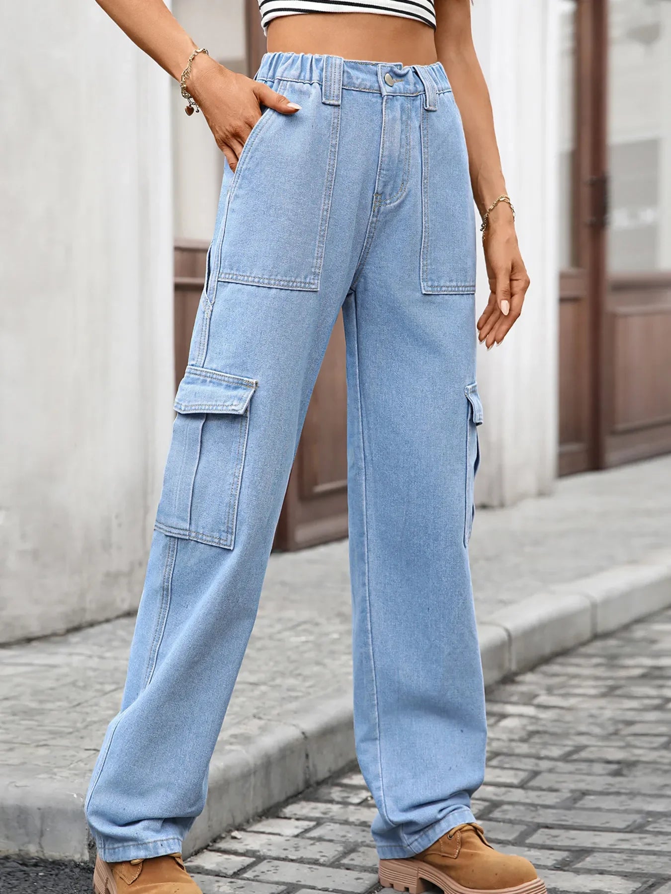 Coastal Inspired High Waisted Cargo Jeans - Southern Shores Clothing