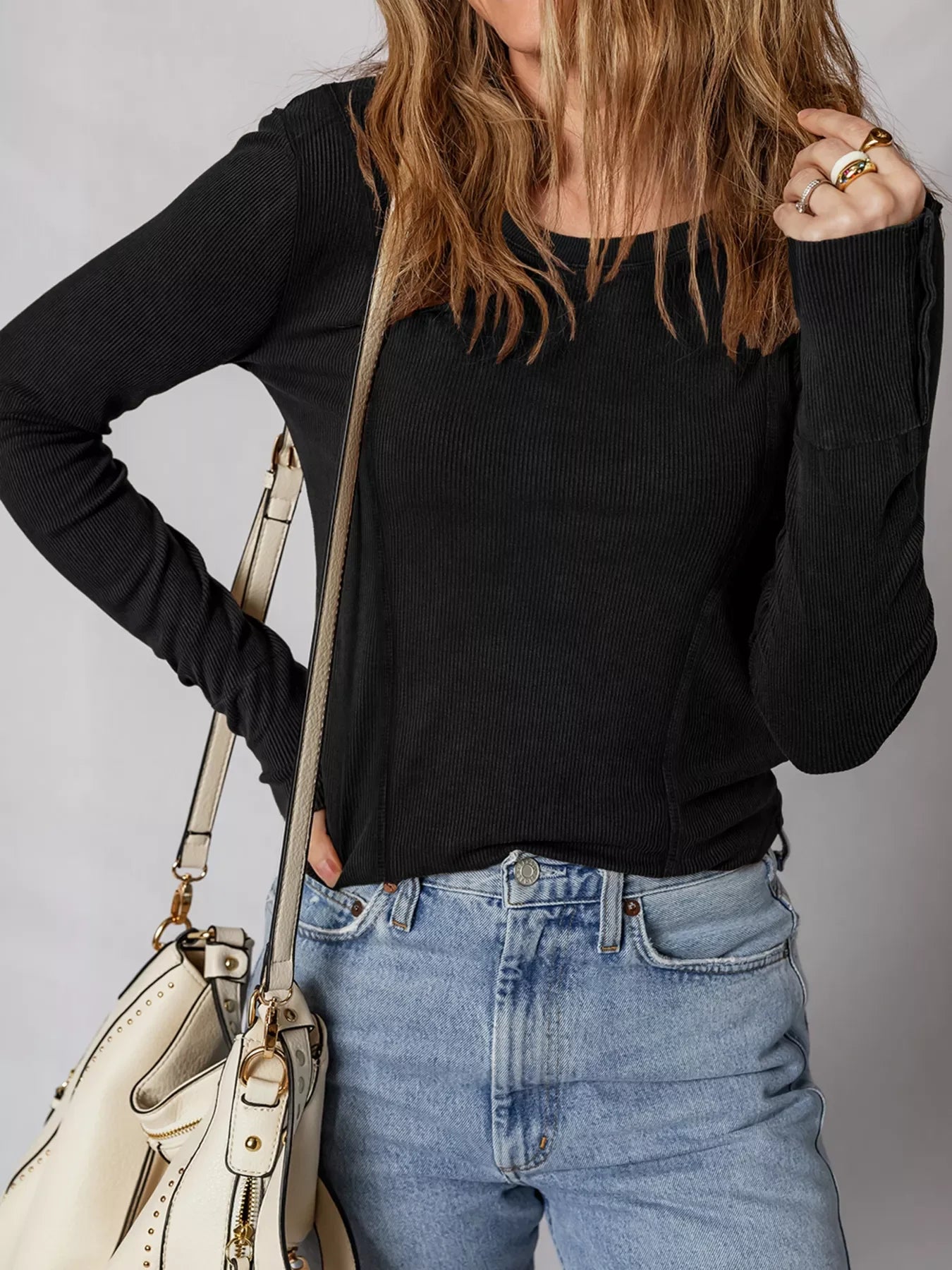 Exposed Seam Ribbed Long Sleeve Top - Southern Shores Clothing