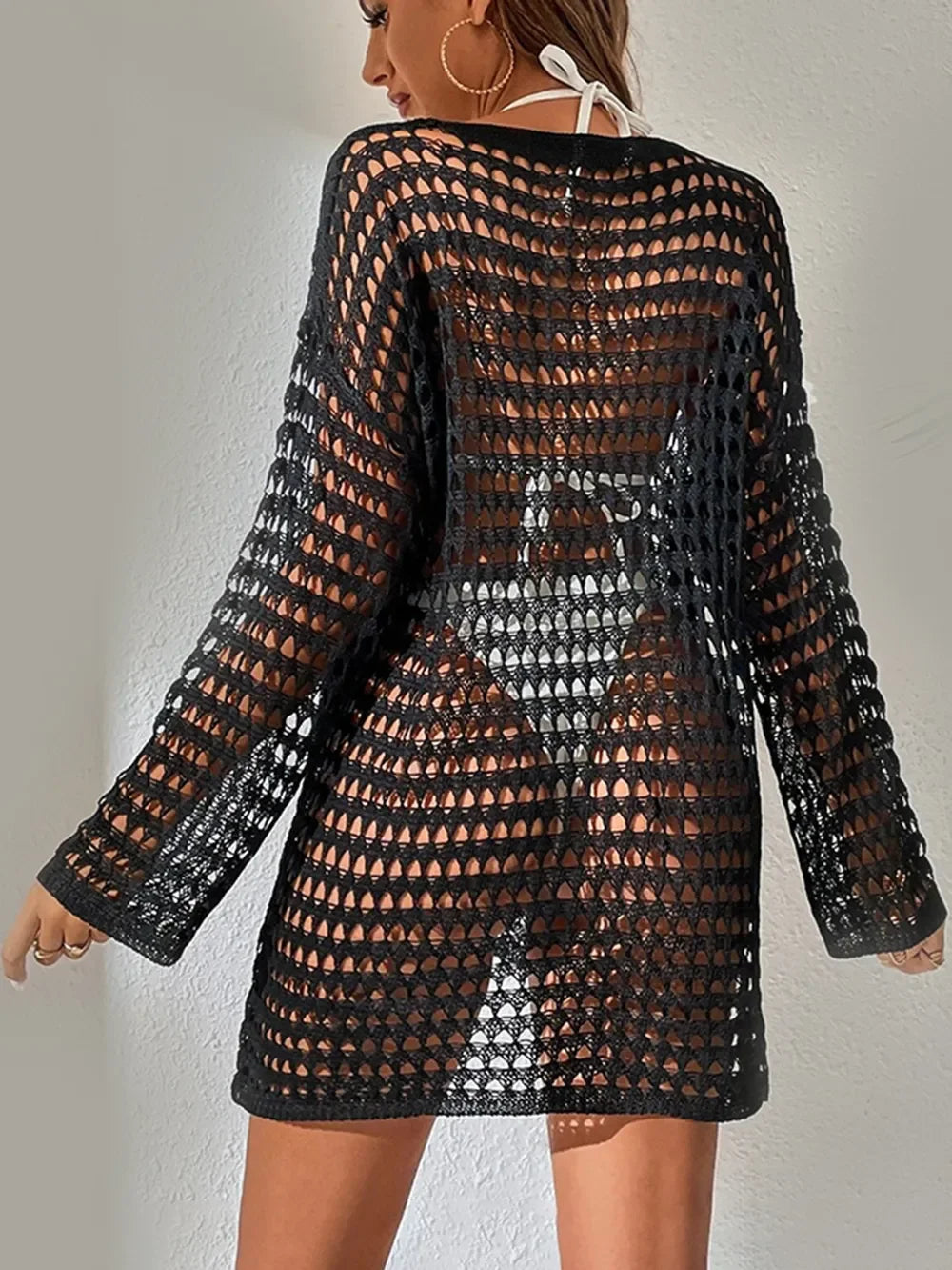 Openwork Long Sleeve Swimwear Cover Up One Size - Southern Shores Clothing