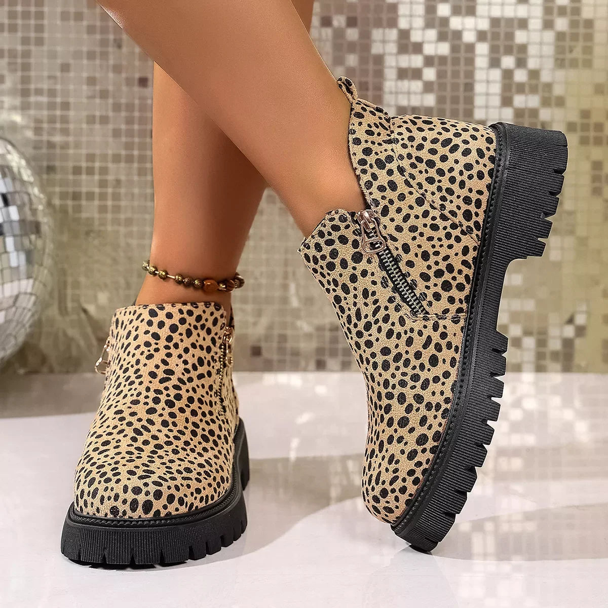 Leopard Platform Boots With Side Zip Mid Heel - Southern Shores Clothing