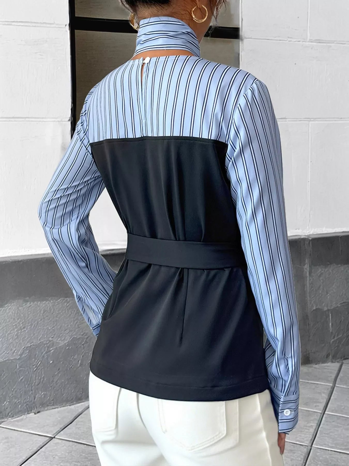 Striped Long Sleeve Buttoned Blouse With Bow Tie - Southern Shores Clothing