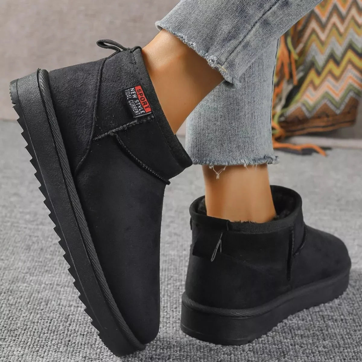 Suede Round Toe Platform Boots Flat Heel Rubber Sole