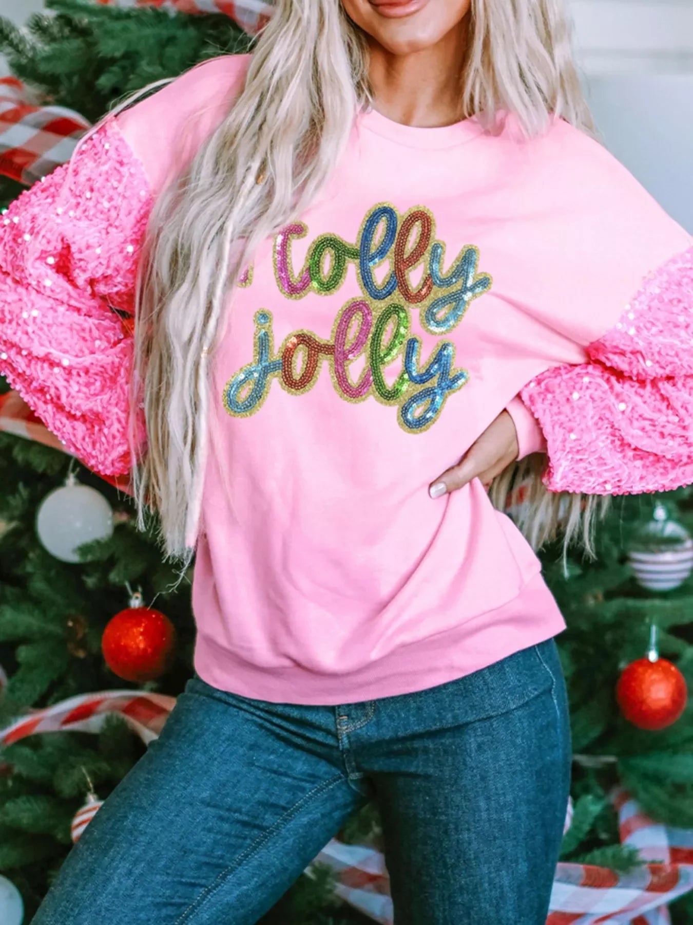 Holly Jolly Sequin Letter Drop Shoulder Long Sleeve Top - Southern Shores Clothing