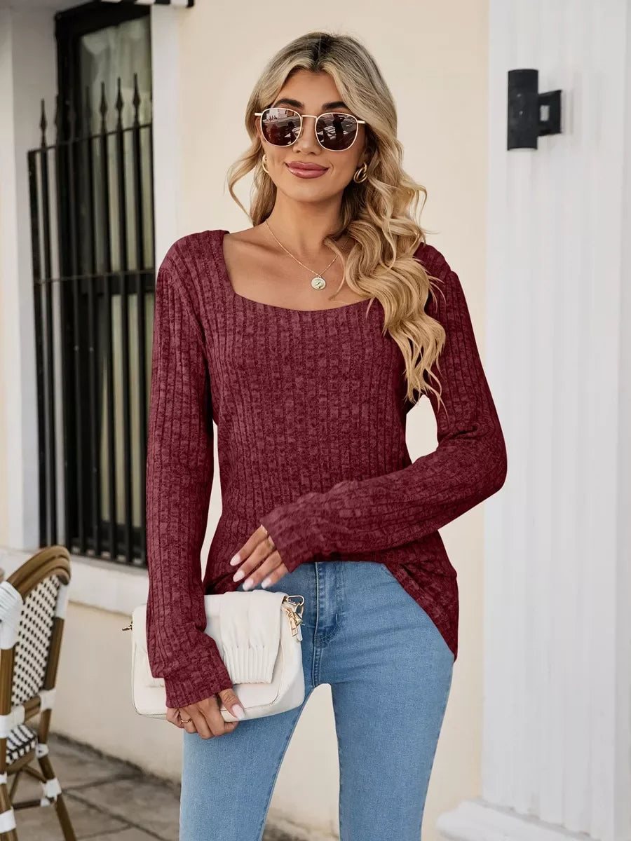 Ribbed Square Neck Long Sleeve Stretch T Shirt - Southern Shores Clothing